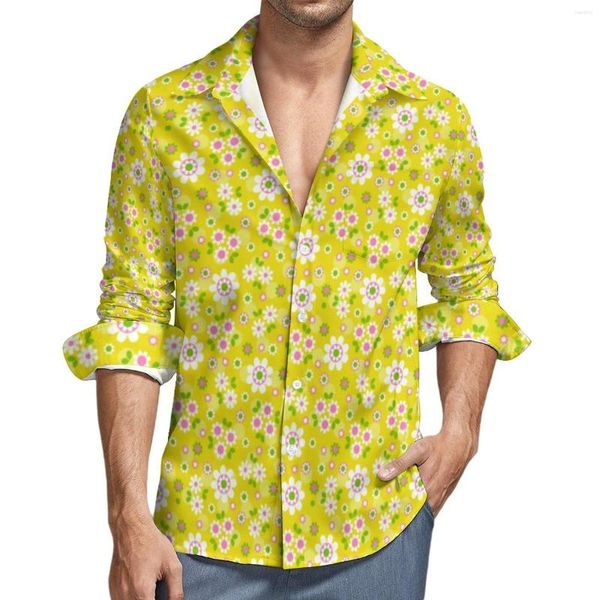 Camisas casuales para hombres Camisa Retro Mod Hombre Flores Estampado amarillo Primavera Blusas personalizadas divertidas Manga larga Genial Regalo de cumpleaños de gran tamaño