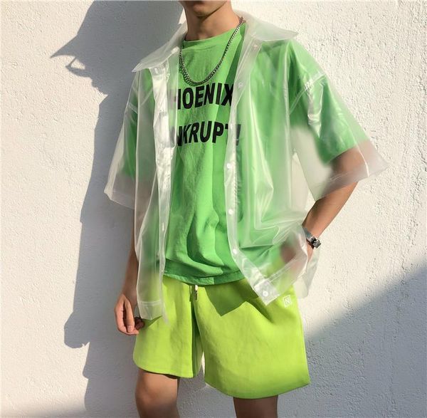 Chemises décontractées pour hommes rétro plastique Transparent chemise à manches courtes veste col montant Harajuku hauts couleur unie Vintage marque 2021 Streetwea
