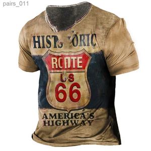 Casual shirts voor heren Retro Print Mens Route 66 T-shirt Summer Street Oversized O-Neck losse casual Harajuku-kleding YQ240409