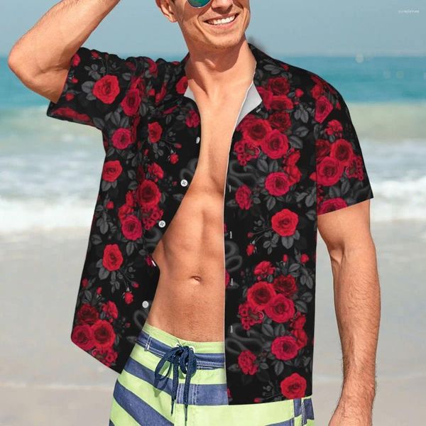 Chemises décontractées pour hommes chemises de plage à fleurs rose rouges fleurs d'été homme à la mode choux à manches courtes harajuku top le bricolage personnalisé