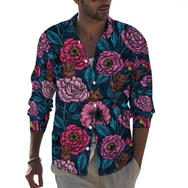 Camisas informales para hombre, camisa con estampado Floral de rosas, blusas elegantes con gráficos de manga larga y flores rosas, ropa Vintage de gran tamaño para otoño