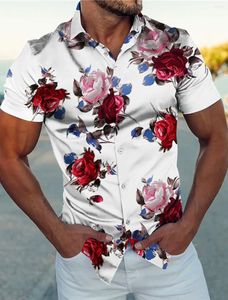 Casual shirts voor heren Rose White Shirt Grafische bloemenprint Rapel Black Navy Blue Gold Street Street Korte mouw Kleding Mode