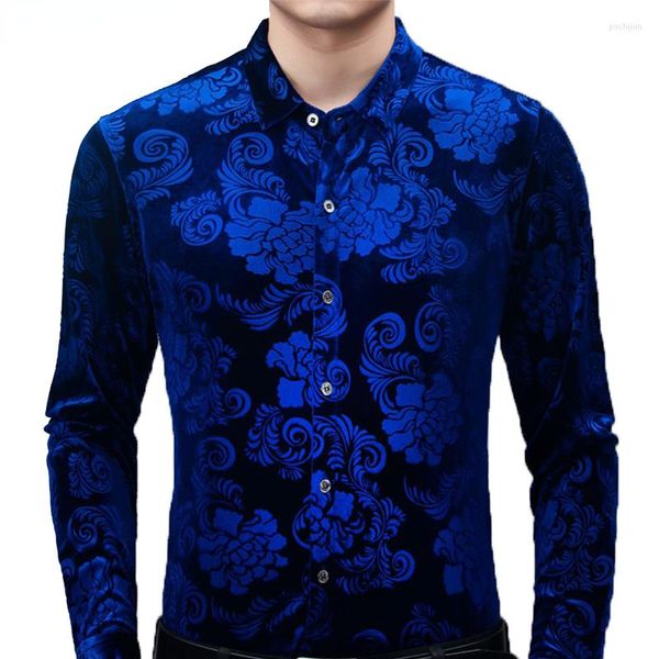 Camisas informales para hombre, camisa de terciopelo azul real para hombre, primavera 2023, ajustada, manga larga, vestido Floral para hombre, camisola con botones