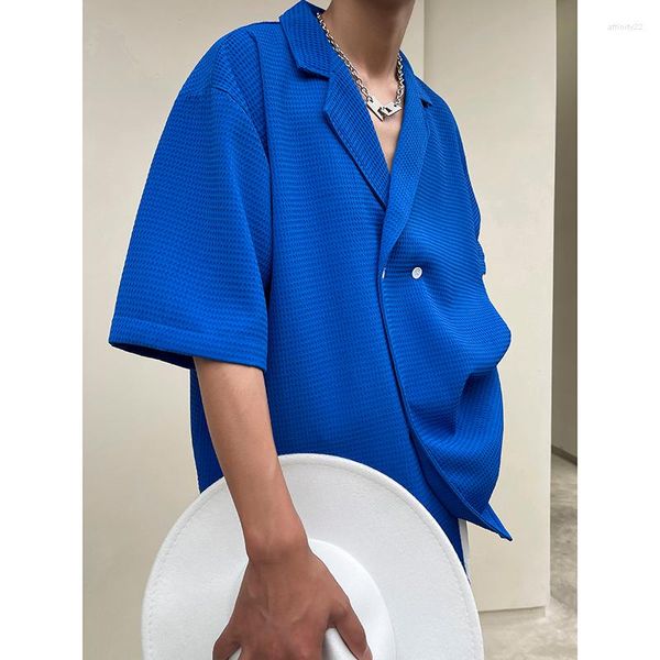 Chemises décontractées pour hommes Royal Blue Waffle Vacation Clothing Mens Summer Loose Blouse Korean Fashion Streetwear Élégant Élégant Vêtements Insolites