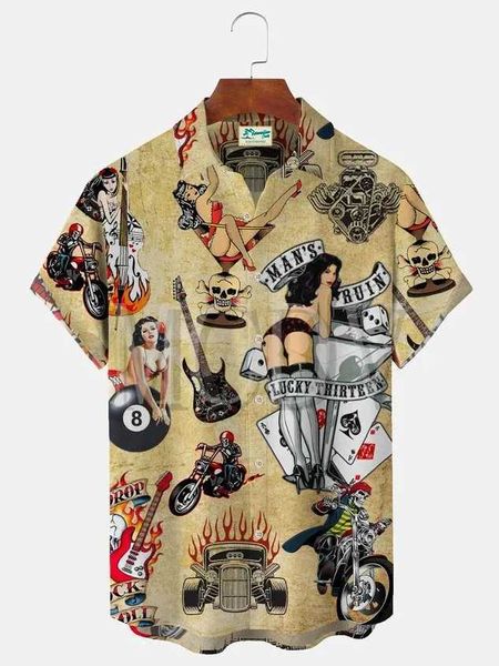 Chemises décontractées pour hommes Royaura Épingles de crâne vintage Up Girl Rockabilly Flame Dice imprimé hawaïen surdimensionné surdimension