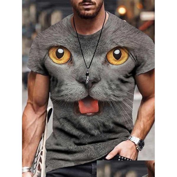 Chemises décontractées pour hommes Rukas T-shirt intéressant Animal Chat Gorge Coupe A B C D E Impression 3D Grande Taille Week-end À Manches Courtes Vêtements Drop Dhpw2