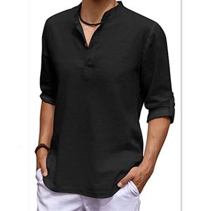 Heren Casual Shirts Linnen Lange Mouw V-hals T Effen Kleur Hawaiiaanse Yoga Knop Ademende Top voor 230302