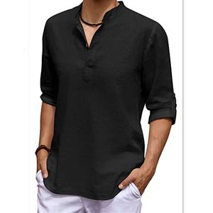 Casual shirts voor heren s linnen lange mouw vneck t solide color hawaiian yoga knop ademende top voor 230224