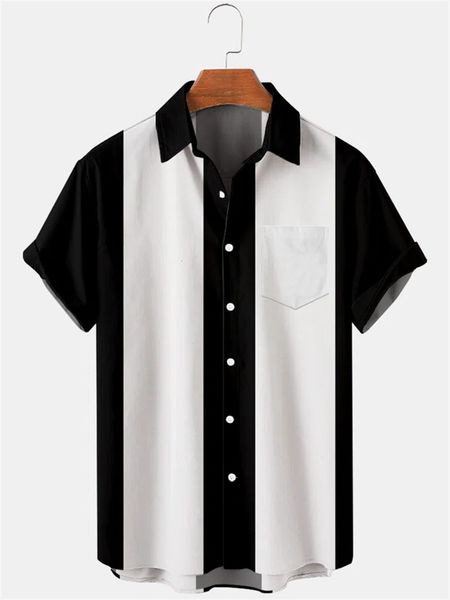 Herren-Freizeithemden, kreatives 3D-Digital-Schwarz-Weiß-Gitter-Collage-Muster, Flip-Urlaub, lässiges Kurzarmhemd S-5XL 230408