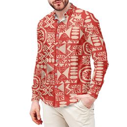 Camisas casuales para hombres Samoan Fijian Tapa Print Custom Long Sleeve Pullover Red Leisure Men Shirt Stand Collar Tops Polynesian Tribal Clothing 230306