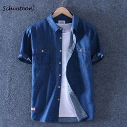 Chemises décontractées pour hommes Schinteon Summer Men 100% Chemise en coton flammé à manches courtes Mince Slim Casual Denim Chemise confortable Deux poches avant 230320