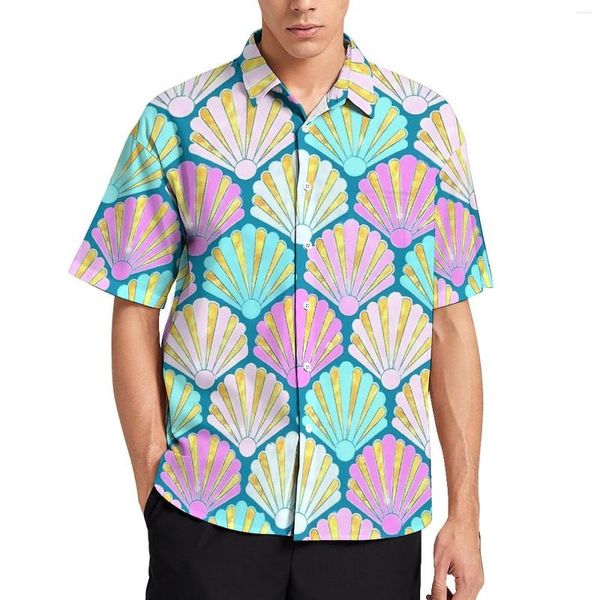 Chemises décontractées pour hommes coquillages de mer chemise de plage homme rose et sarcelle Hawaii manches courtes motif Streetwear Blouses surdimensionnées cadeau