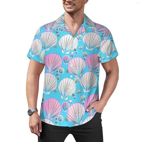 Chemises décontractées pour hommes chemise de coquillages de mer rose et blanc vacances ample Hawaii Vintage Blouses à manches courtes vêtements surdimensionnés personnalisés