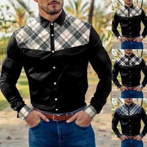 Casual shirts voor heren pailletten shirt heren heren mode plaid kleurblok spliting revers knop manchetten met lange mouwen met een korte mouw kort