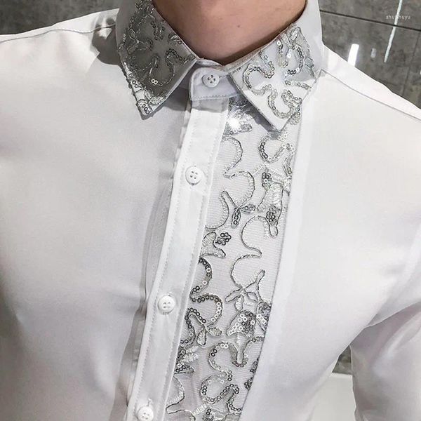 Camisas casuales para hombres Lentejuelas Vestido de novia Camisa Coreana Hombres Ropa 4XL Negro Blanco Mens Lace Manga larga Slim Fit Social