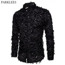 Mannen Casual Shirts Sexy Black Feather Lace Shirt Mannen Mode See Through Clubwear Dress Shirts Mens Event Party Prom Transparante Chemise S-3XL 230804