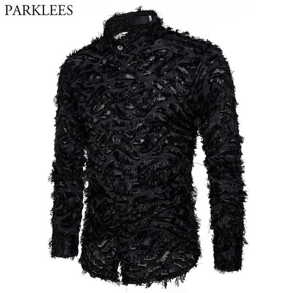 Chemises décontractées pour hommes Sexy Black Feather Lace Chemise Hommes Mode Voir à travers Clubwear Robe Chemises Hommes Événement Fête Bal Transparent Chemise S-3XL 231011