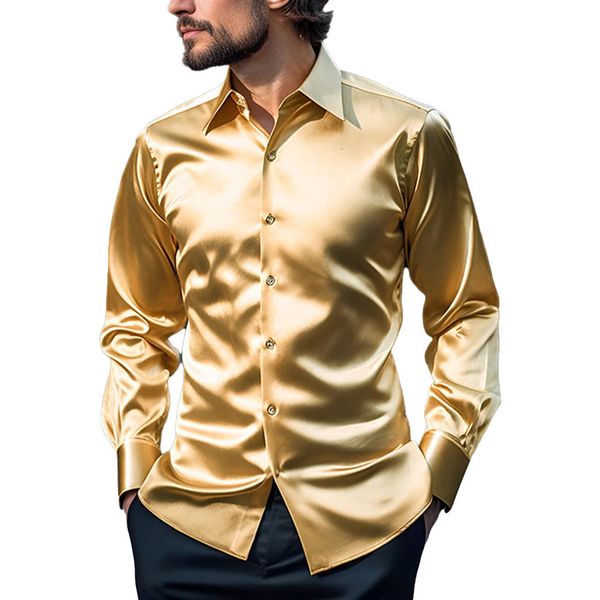 Camisas casuales para hombres Camisas y blusas de seda satinada sexy para hombres Color sólido Slim Fit Fiesta Camisa social de manga larga Ropa para hombre 231128