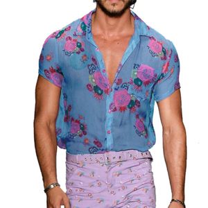 Chemises décontractées pour hommes, haut à revers transparent, ample, imprimé floral, boutons à manches courtes, respirants, 230421