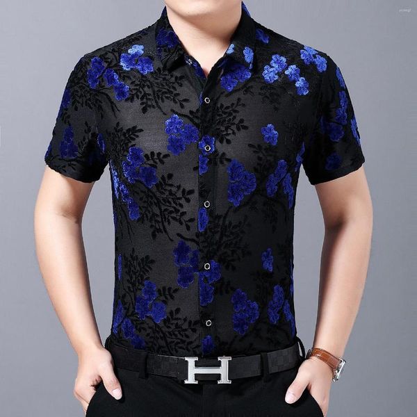 Camisas casuales para hombres Camisa transparente sexy Hombres Estampado de flores Terciopelo Club Chemise Homme 2024 Primavera Mannen Kleding Manga corta Slim Fit