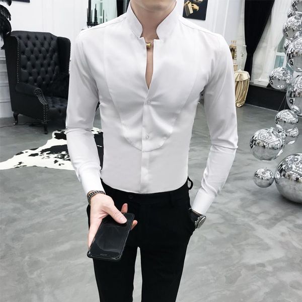 Camisas casuales para hombres Camisa de cuello de soporte único sexy Negro Rojo Blanco Slim Fit Manga larga Camisa Social Masculina Hombres Vestido Diseñador