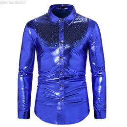 Chemises décontractées pour hommes Shiny Blue Sequin Dress Shirt Hommes 2023 Marque Hip Hop Streetwear Chemises Hommes 70s Disco Party Discothèque Scène Chanteur Prom Vêtements L230721