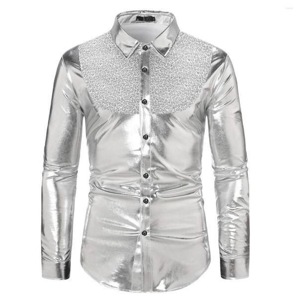 Camisas casuales para hombres Brillante Glitter Lentejuelas Manga larga para hombres Discoteca Hip Hop Punk Etapa Traje Calle Blusa Rojo Azul Dorado Plata