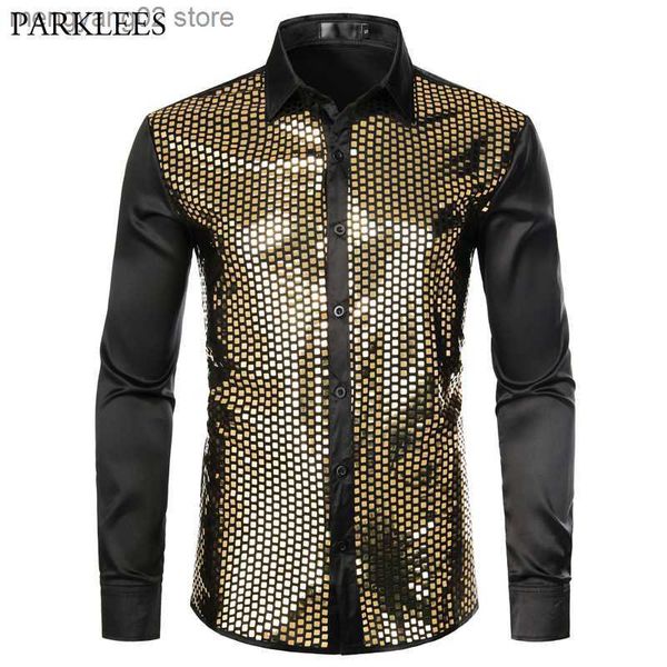 Chemises décontractées pour hommes brillant or paillettes noir soie chemises habillées hommes à manches longues bouton vers le bas brillant Disco Party chemises mâle discothèque fête bal Chemise T230714