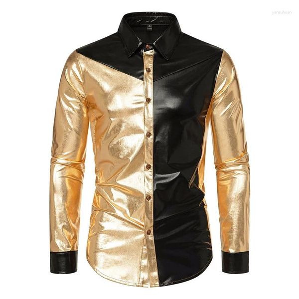Camicie casual da uomo T-shirt a maniche lunghe metallizzate lucide abbinate ai colori Abito da ballo in discoteca Festa in oro e argento