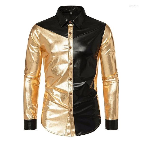 Chemises décontractées pour hommes Brillant Métallisé Sentiment T-shirt à manches longues Couleur Correspondant Danse Discothèque Stage Robe Or et Argent Party