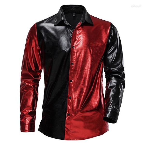 Chemises décontractées pour hommes brillant rouge noir enduit métallique chemise hommes 2023 marque à manches longues boutonné Hip Hop fête 70 s Disco vêtements