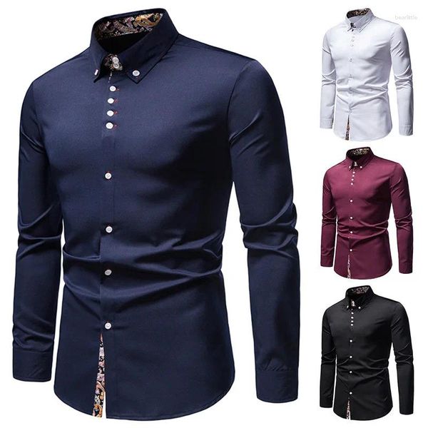 Chemises décontractées pour hommes Chemise 2023 Mode Col Turn-Down Bleu Noir Blanc Manches longues Blouse Homme Élégant Impression Splicing Man Polo