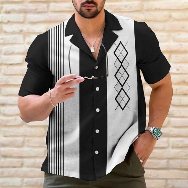 Camisas casuales para hombres Camisa Bolos Rayas Estampados gráficos Geometría Cuello cubano Negro Luz Verde Vino Azul Al aire libre Corto SL