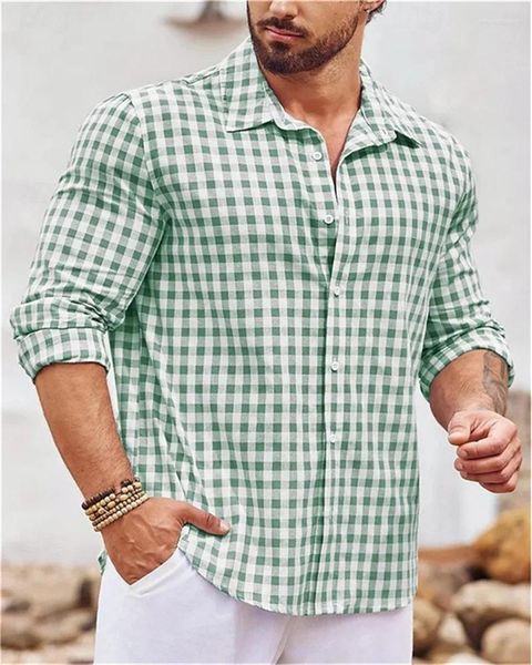 Camisa casual para hombres Botón Botón Black Blue Verde Lapas de manga larga Plaid Daily Resort Fashion C