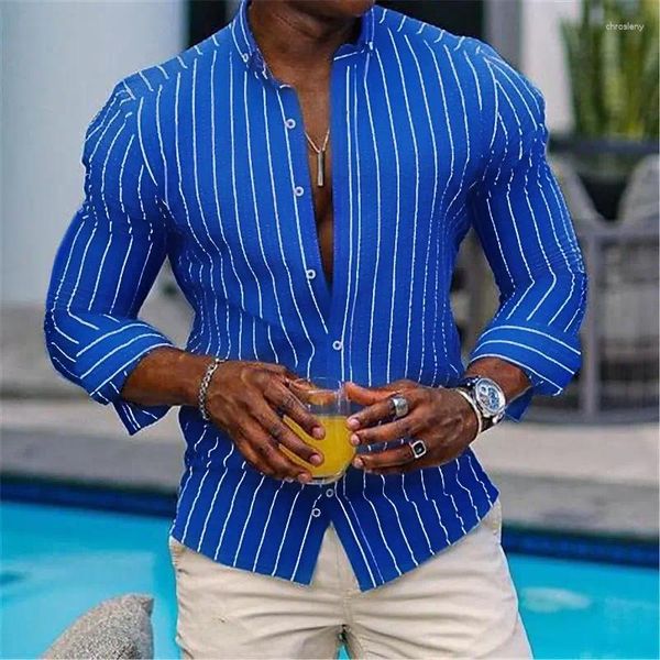 Camisas casuales para hombres Camisa Camiseta de verano con botones Trébol azul Manga larga Solapa a rayas Ropa diaria de resort Elegante y cómodo 6XL