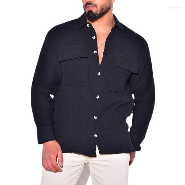 Hommes chemises décontractées chemise coton lin Cardigan poche grande taille couleur unie à manches longues printemps automne mâle haut en gros 2023