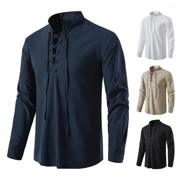 Camisas casuales para hombres Camisa de lino de algodón Tops de lino con cordones Blusa de manga larga para hombre Cuello en V Traje medieval Túnica bordada