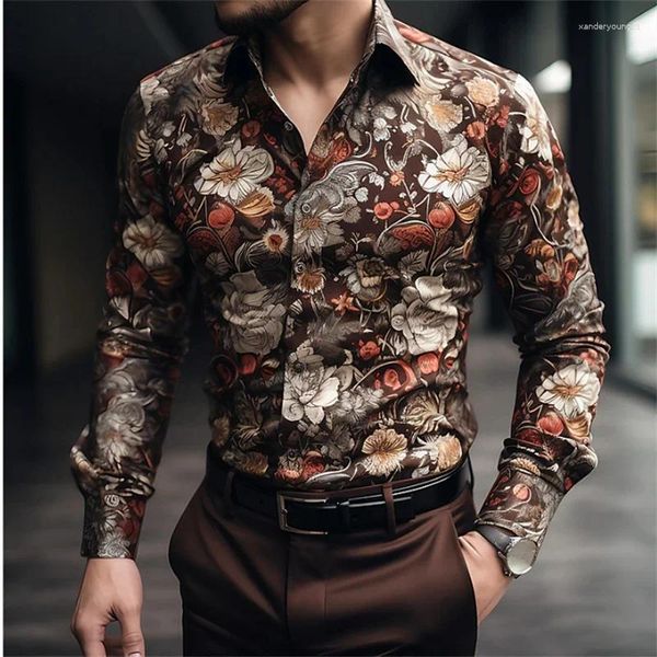 Camisas casuales para hombres Camisa Floral Impresión 3D Amarillo Rosa Azul Púrpura Verde Calle al aire libre Manga larga Solapa Ropa Diseñador de moda