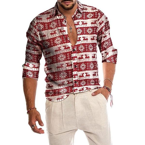 Camisas casuales para hombres Camisa para hombres 2021 Fiesta de Navidad para hombre Vestido con botones Muñeco de nieve Copos de nieve Blusas de ciervos260R