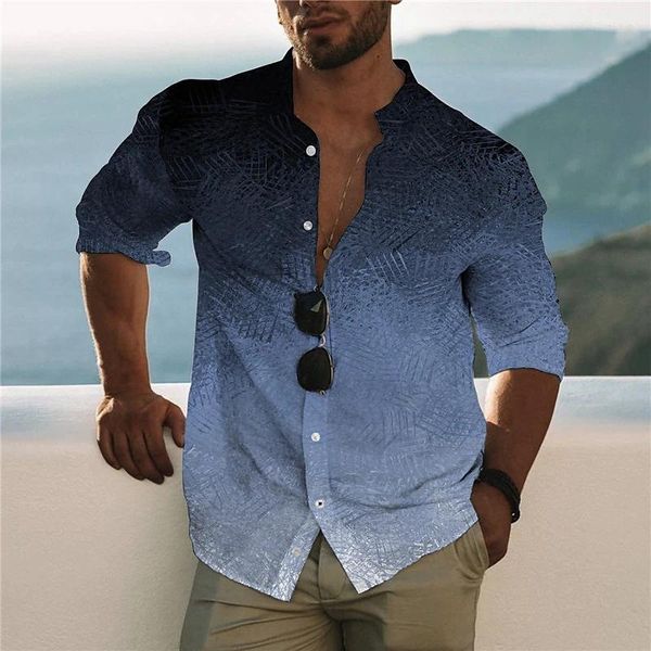 Camisas informales para hombre, camisa con estampado gráfico degradado, cuello levantado, amarillo, azul, fucsia, calle al aire libre, manga larga, ropa con estampado de botones