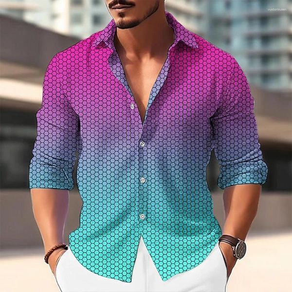 Camisas casuales para hombres Camisa Lino Degradado Estampados gráficos Turndown Rojo Azul Púrpura Calle al aire libre Manga larga Estampado Ropa Ropa