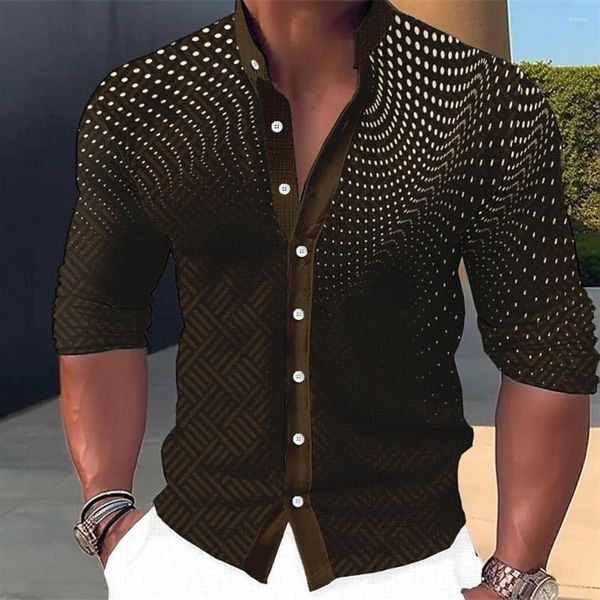 Camisas casuales para hombres Camisa Lino Lunares Estampados gráficos Geometría Cuello alto Negro Blanco Azul Marrón Verde Calle al aire libre Manga larga P