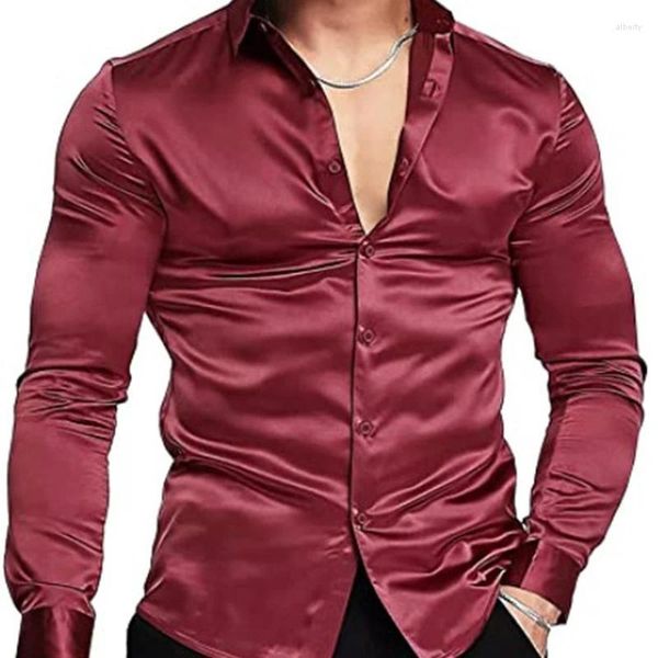 Chemises décontractées pour hommes Chemise à manches longues Robe de soirée Robe de vacances Top T-shirt Soie Rouge Cérémonie d'or