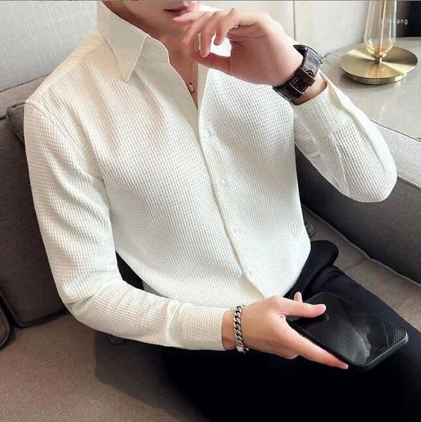 Camisas casuales para hombres Camisa de manga larga Moda Primavera y otoño Versión coreana Slim Fit Business Guapo Drape Blanco High-End