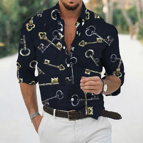 Chemises décontractées pour hommes Chemise lâche revers imprimé géométrique plage manches longues poignets bouton port style hawaïen haut masculin