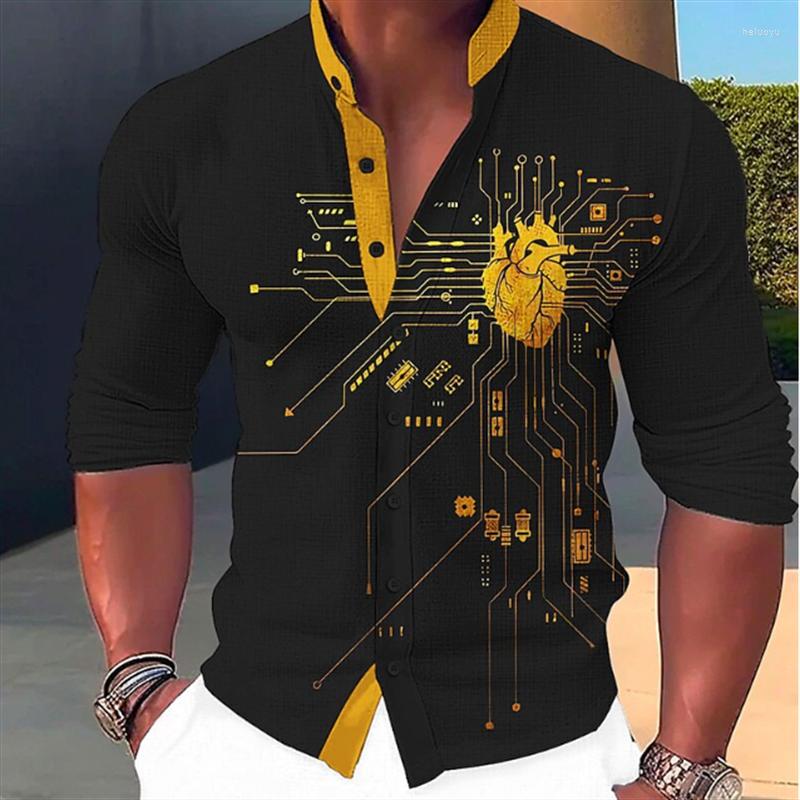 Мужские повседневные рубашки Рубашка-машина Орган 3D-печать Воротник-стойка Черная уличная уличная одежда с длинным рукавом Модная дизайнерская одежда
