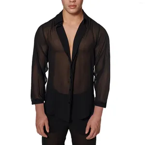 Chemises décontractées pour hommes Chemise Voir Baggy Blouses en dentelle à travers les hauts Été Gay Spring Night Club Luxe Party Manches longues Noir Camisas