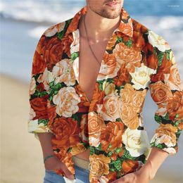 Chemises décontractées pour hommes Chemise d'été hawaïenne florale rose imprimés graphiques couverture jaune rouge bleu orange extérieur rue manches longues bouton-D