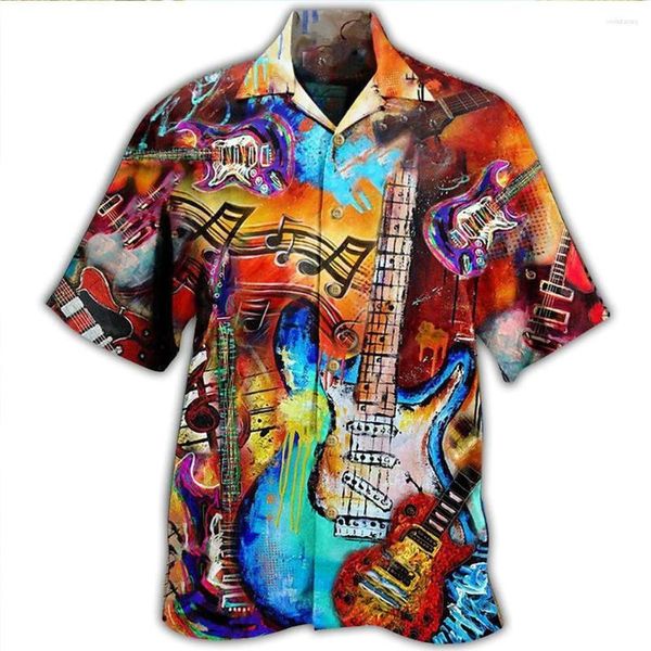 Chemises décontractées pour hommes Chemise d'été Hawaiian Graphic Prints Musique Guitare Turndown Jaune Armée Vert Rouge Bleu Violet Street Short Sle