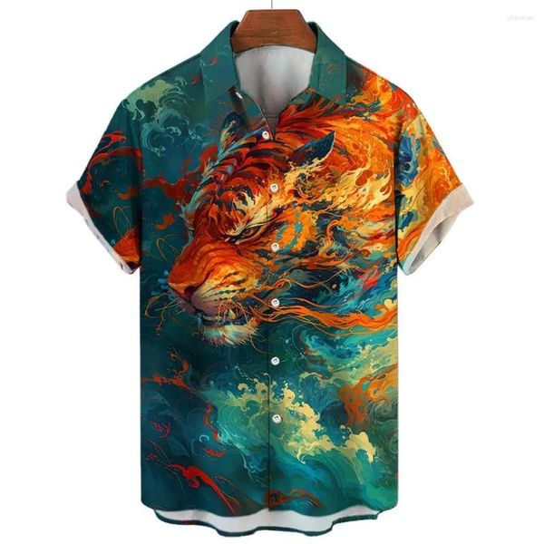 Chemises décontractées pour hommes Chemise imprimé tigre Sunmmer Manches courtes Dessin animé Mode Revers Tops Vêtements surdimensionnés Style de rue